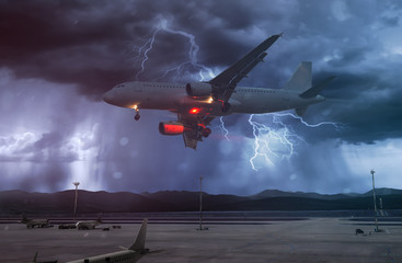 airplane flies in bad weather and storm with lightning bolt at airport