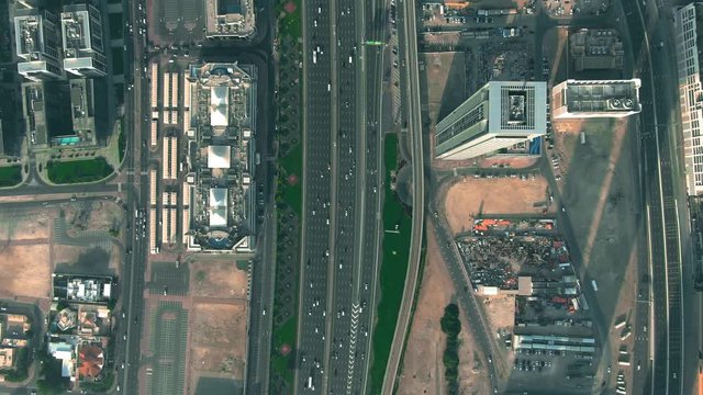 Aerial top down shot of Sheikh Zayed Road in Dubai Downtown, UAE