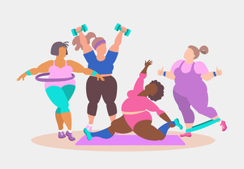 Vector colorful poster with fitness training group of women in sportswear. Female cartoon characters. Isolated flat design. Illustration on the theme of sport, healthy lifestyle. Gym workout drawing