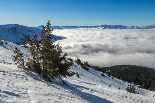 Mer de nuages en hiver dans les Alpes , vue massif du Vercors