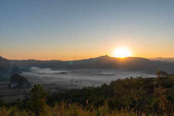scenery sunrise above the mist in the valley of Phulangka viewpoint Nan Thailand.