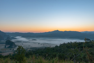 scenery sunrise above the mist in the valley of Phulangka viewpoint Nan Thailand.