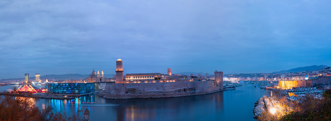 Fototapeta na wymiar Saint Jean Castle and Cathedral de la Major and the Vieux port - Marseille, France