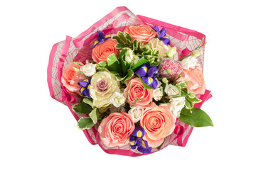 Colorful flower bouquet with pink roses, blue irises and ornamental cabbage isolated on white background