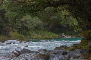 Naklejka na ściany i meble Thunder Creek Falls. Haast Makarora Pass Highway. South Island New Zealand. River and rocks