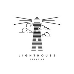 Beacon with cloud illustration.Lighthouse logo design vector template