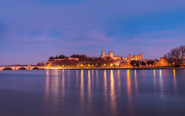 Fototapeta na wymiar Pont Saint Benezet bridge on the Rhone River and Palace of the Popes ( Palais des Papes) and Avignon Cathedral - Avignon city, France