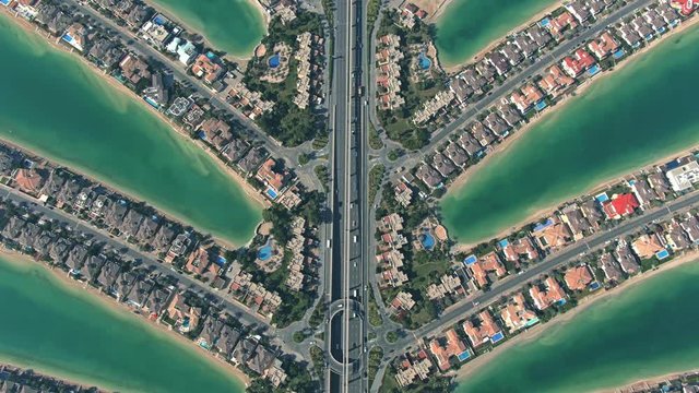 Aerial view of the famous Palm Jumeirah artificial archipelago in Dubai, UAE