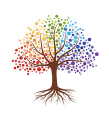 Abstract tree with roots and colorful round leaves. Isolated on white background. Flat style, vector illustration.