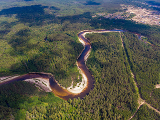 Kerzhenets River in the Nizhny Novgorod Region, Russia on a summer day. Aerial photography