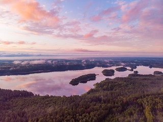 Beautiful view of Sapsho lake in summer sunset, Smolensk region, Russia. Drone shooting