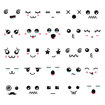 Kawaii cute faces. Manga style eyes and mouths. Funny cartoon japanese emoticon in in different expressions. Expression anime character and emoticon face illustration. Background, Wallpaper.