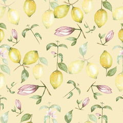 Watercolor lemons Seamless pattern. Yellow citrus fruit background. Sicily Lemon, leaves and  flowers. Tropical lemon illustration in neutral trendy color.