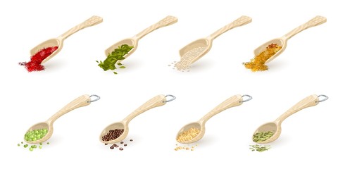 Big set with different kinds of spices, seasoning in wooden scoops, spoons indian mixture with anis stars, sesame, coriander, fenugreek seeds, cardamom, saffron, green peas, black pepper, tarragon.