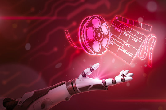 3d rendering of black and white android hand facing up as if levitating luminous image of film reel and clapperboard on pink blurry bokeh background.