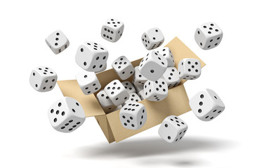 3d rendering of cardboard box in air full of white dice with black spots which are flying out and floating outside.