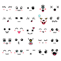 Kawaii cute faces. Manga style eyes and mouths. Funny cartoon japanese emoticon in in different expressions. Expression anime character and emoticon face illustration. Background, Wallpaper.