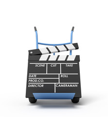 3d rendering of a movie clapper on a hand truck