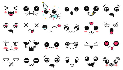 Kawaii cute faces. Manga style eyes and mouths. Funny cartoon japanese emoticon in in different expressions. Expression anime character and emoticon face illustration. Background, Wallpaper.