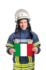 young smiling firefighter looking to the camera and holding paper sheet with italy flag