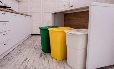 Recycle bins in the kitchen. Household waste sorting. Environmentally responsible behavior. Zero waste