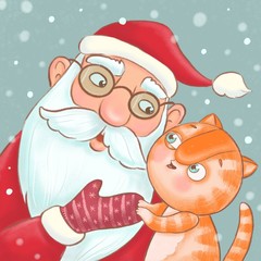 Cute ginger kitten whispers his wishes in the ear of Santa Claus