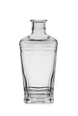 Empty glass bottle, square-shaped for rum whiskey or brandy. Isolated on white background