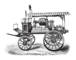 Fototapeta na wymiar old fire brigade car - electric fire truck / vintage illustration from Brockhaus Konversations-Lexikon 1908