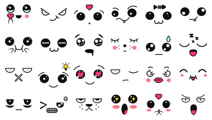 Kawaii cute faces. Manga style eyes and mouths. Funny cartoon japanese emoticon in in different expressions. Expression anime character and emoticon face illustration. Background, Wallpaper. - obrazy, fototapety, plakaty