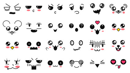 Kawaii cute faces. Manga style eyes and mouths. Funny cartoon japanese emoticon in in different expressions. Expression anime character and emoticon face illustration. Background, Wallpaper.