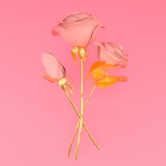 Three metallic roses on pink background illustration 3d render