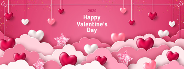 Happy Saint Valentine's day card, horizontal banner with paper cut clouds and holiday objects on pink background. Glittering hearts, stars and flowers. Place for text - obrazy, fototapety, plakaty