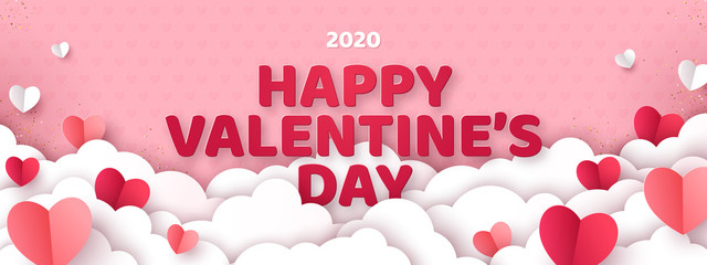 Valentine's day concept background. Vector illustration. 3d red and pink paper cut hearts with white clouds. Cute love sale banner or greeting card
