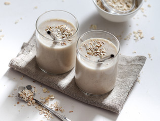 Smoothie with banana and oatmeal, natural energy cocktail