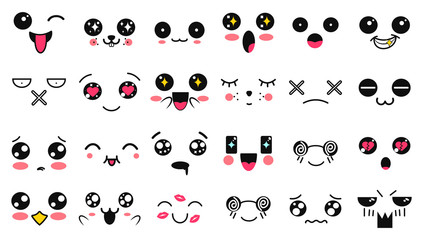 Kawaii cute faces. Manga style eyes and mouths. Funny cartoon japanese emoticon in in different expressions. Expression anime character and emoticon face illustration. Background, Wallpaper.