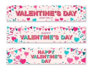 Happy Valentines Day horizontal banners set with typography design. Vector illustration with retro light bulbs font, streamers, confetti and hanging flag garlands. Flying heart shaped balloons
