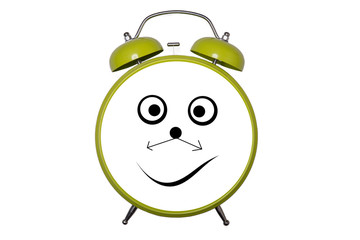 green alarm clock on a white background with a cheerful painted expression