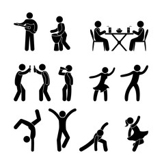 people having fun, dancing, playing musical instruments, stick figure man pictogram, human silhouettes isolated on white background, concept of recreation and entertainment
