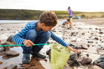 Children With Pet Dog Looking In Rockpools On Winter Beach Vacation - Powered by Adobe