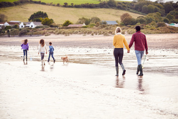Fototapeta na wymiar Rear View Of Multi-Cultural Family With Pet Dog Walking Along Beach Shoreline On Winter Vacation