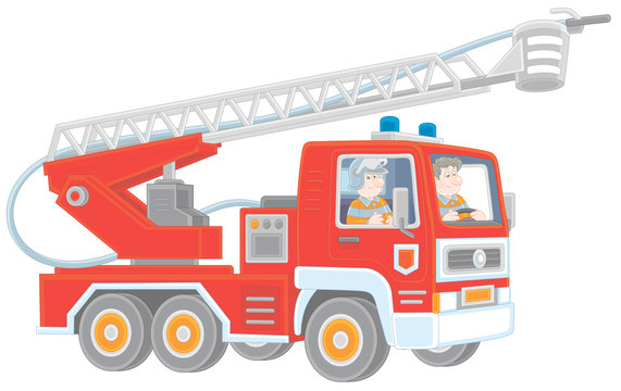 Fire-engine carrying firefighters and equipment for fighting large fires, vector cartoon illustration isolated on a white background