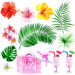 Palm leaves, tropical flowers, pina colada cocktails, hat, suitcase vacation watercolor set.
