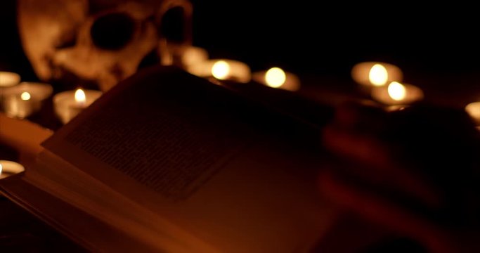 Altar with magical grimoire closeup footage