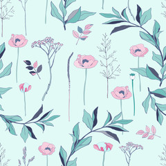 Seamless pattern with pink roses and grey leaves on light background. Tropical flowers, lily. Vector illustration with plants. Gentle pastel colors.