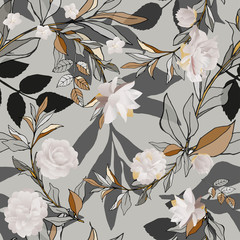 Seamless pattern with white roses and grey leaves on light background. Tropical flowers, lily. Vector illustration with plants. Gentle pastel colors.