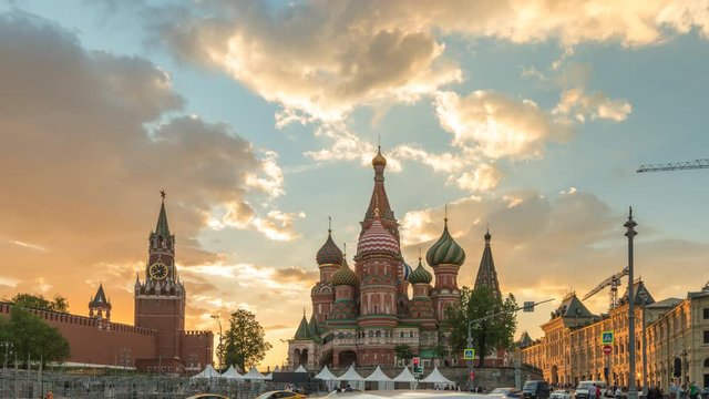 Moscow Russia time lapse 4K, city skyline sunset timelapse at Red Square and Saint Basil 's Catherdral