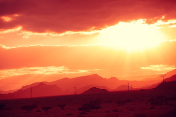Mountain nature landscape. Desert in the early morning. Beautiful sunrise in the mountains. Negev Desert