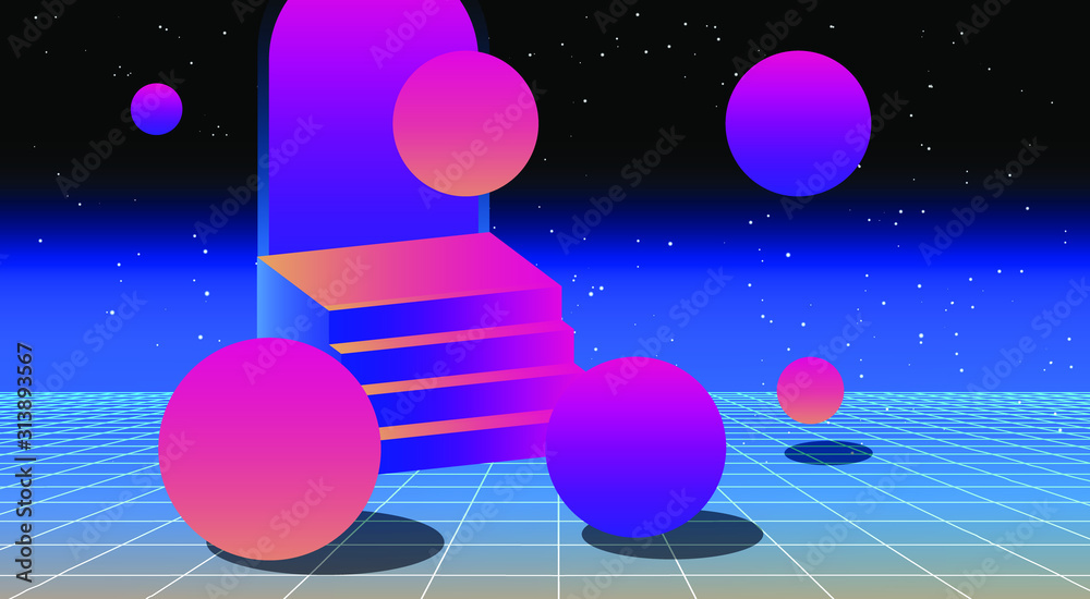 Aufkleber Retrowave/ vaporwave/ synthwave style illustration with staircase and arch on laser grid with floating in zero gravity spheres above. Surreal retrofuturistic backround.