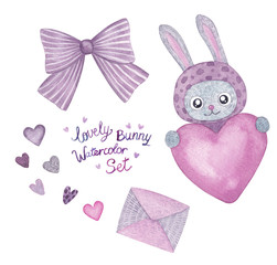 Hearts and Bow and Lovely Bunny Watercolor Set. Gray, Pink, Violet, Blue Colors. Hand Drawn. Good for Design, Valentine's Day, Baby Shower, Cards, Invatation, Party and Other.