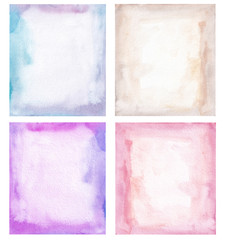 Hand Drawn Watercolor Set of Textured Letter Paper Background. Pink, Blue, Violet Colors. Old Paper Brown Color. Copy Space. 